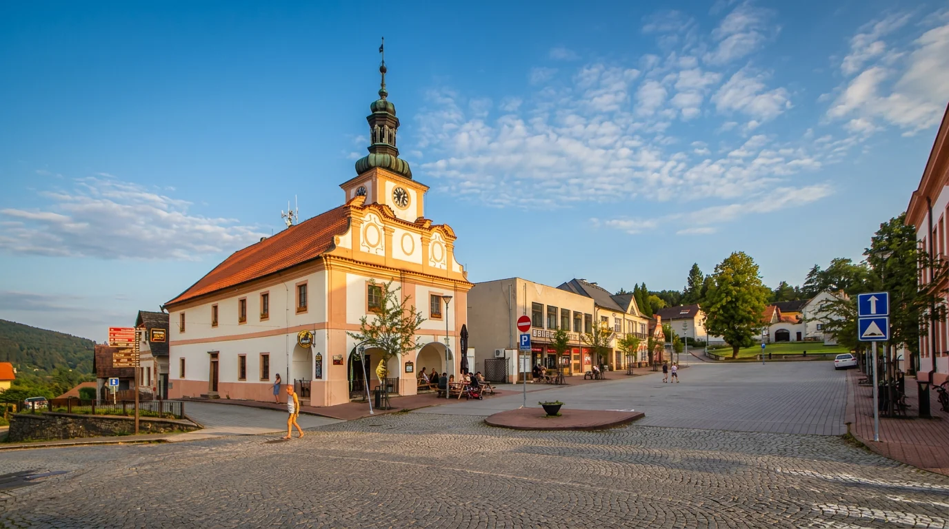 Stará radnice s hodinovou věží na náměstí ve Stříbrné Skalici